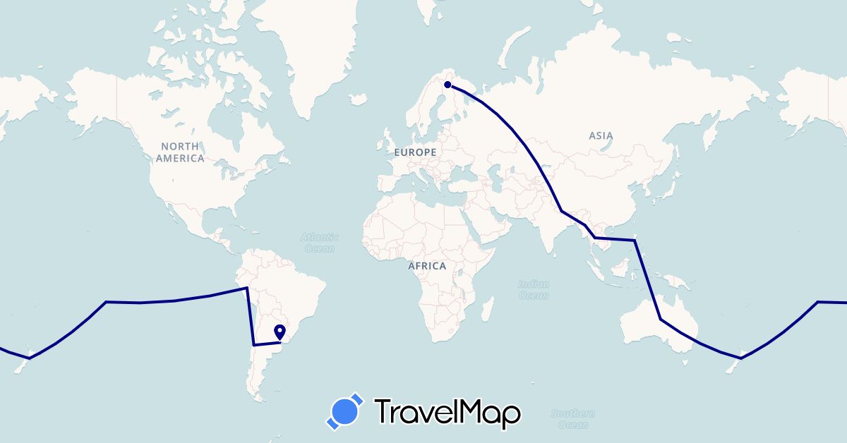 TravelMap itinerary: driving in Argentina, Australia, Chile, Finland, Myanmar (Burma), Nepal, New Zealand, Peru, Philippines, Thailand, Vanuatu (Asia, Europe, Oceania, South America)